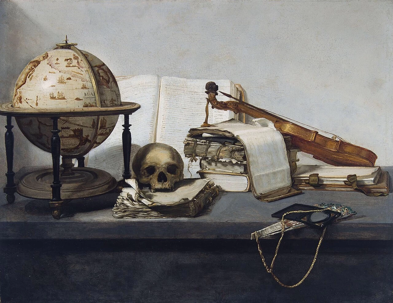Vanitas Natura morta con libri, un mappamondo, un teschio, un violino e una Fa - Museo delle Belle Arti di Rouen